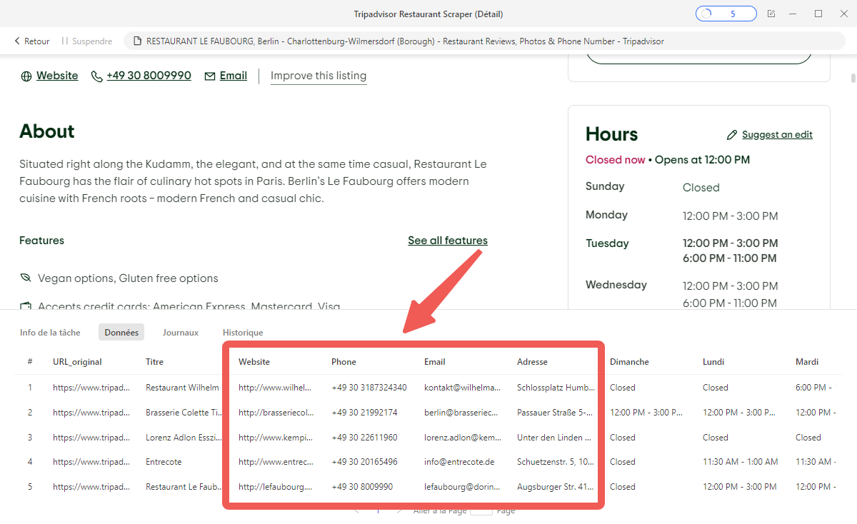 Données TripAdvisor extraites via Octoparse sur fiche détail restaurant : numéro de téléphone, coordonnées, horaires, équipements et informations de contact