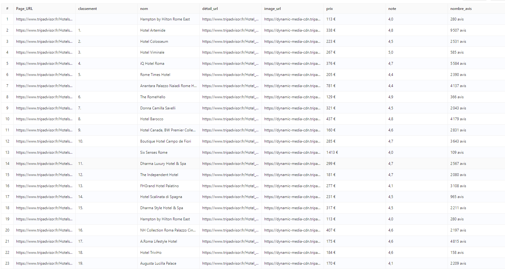 Extraction données hôtels TripAdvisor : résultats du modèle Octoparse avec classement, nom, note globale, prix affiché, nombre d'avis et URL de fiche détail pour chaque établissement