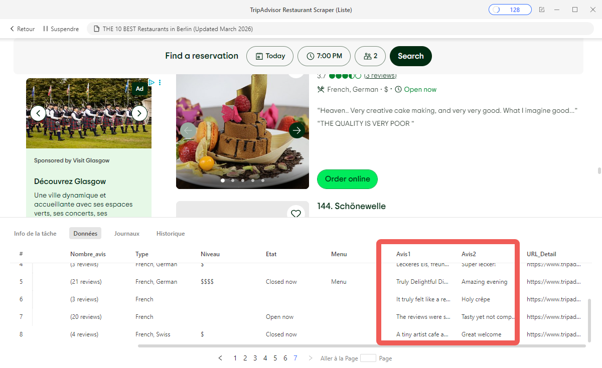 Récupérer données TripAdvisor restaurants : listing extrait automatiquement avec nom, note, type de cuisine, fourchette de prix et URL de fiche détail de chaque établissement
