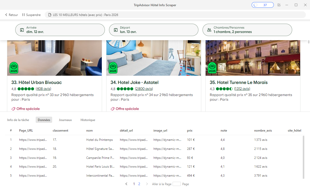 Extraction données hôtels TripAdvisor avec modèle sans code : classement, nom, note globale, prix affiché, nombre d'avis et URL de fiche détail pour chaque établissement