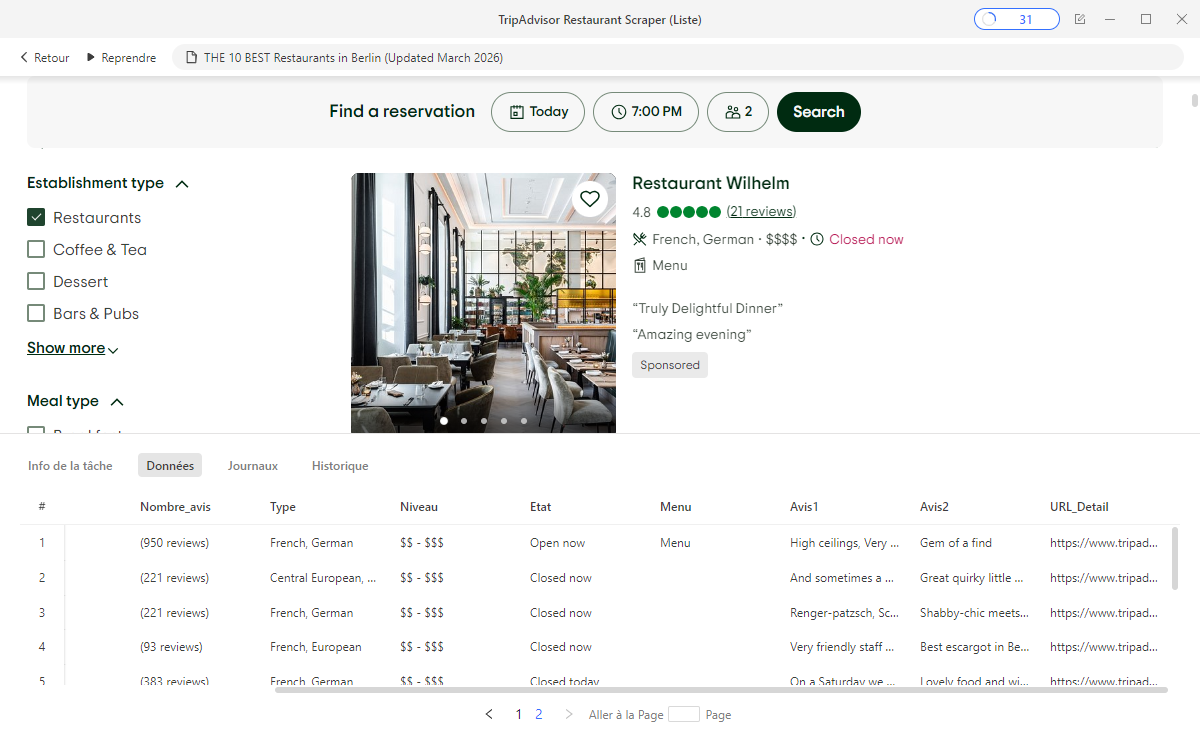 Récupérer données TripAdvisor restaurants : listing extrait automatiquement avec nom, note, type de cuisine, fourchette de prix et URL de fiche détail de chaque établissement