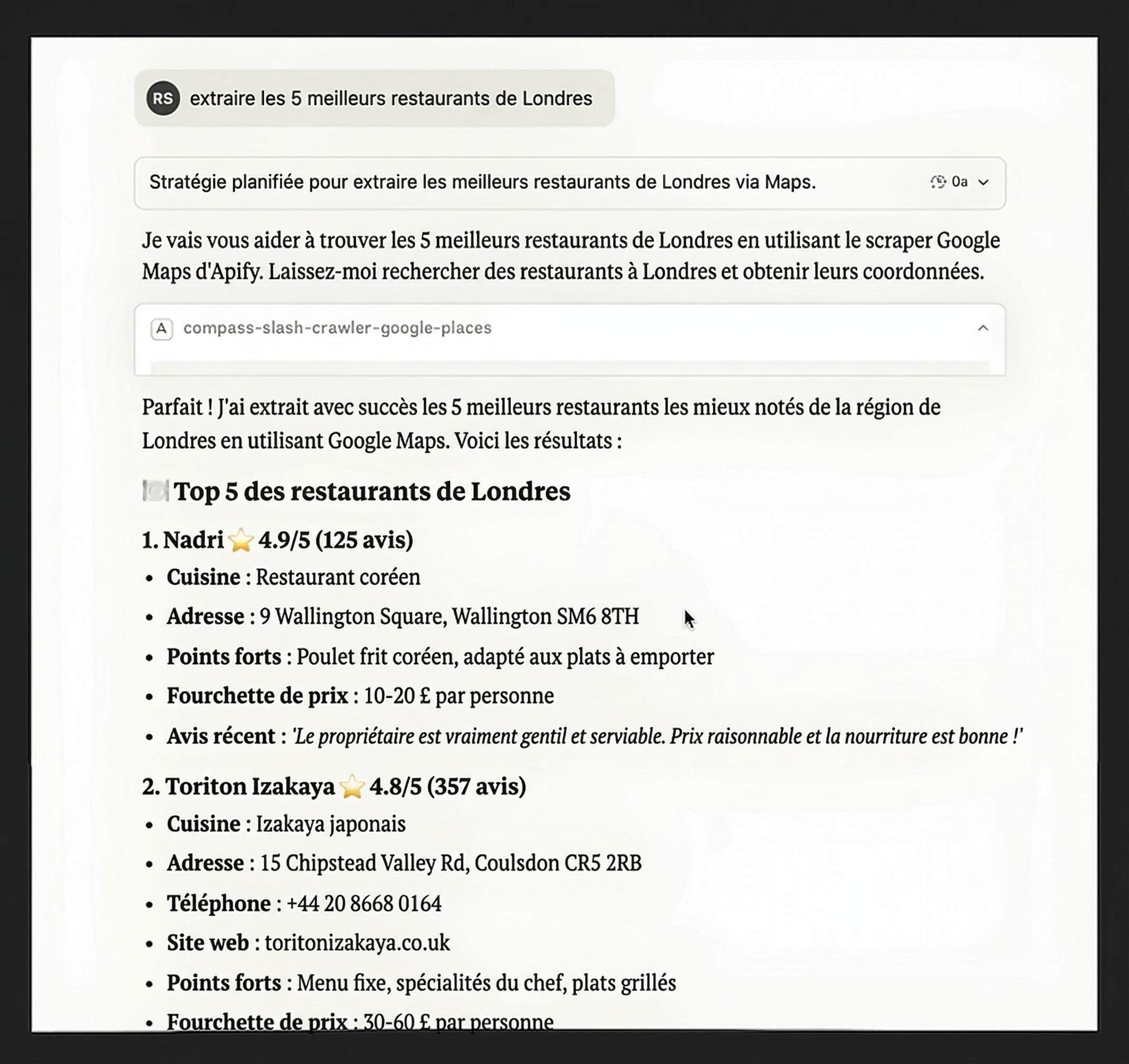 Exemple de flux de travail MCP Apify