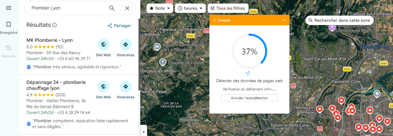 Interface Octoparse avec auto-détection des données Google Maps pour scraper des entreprises locales en France