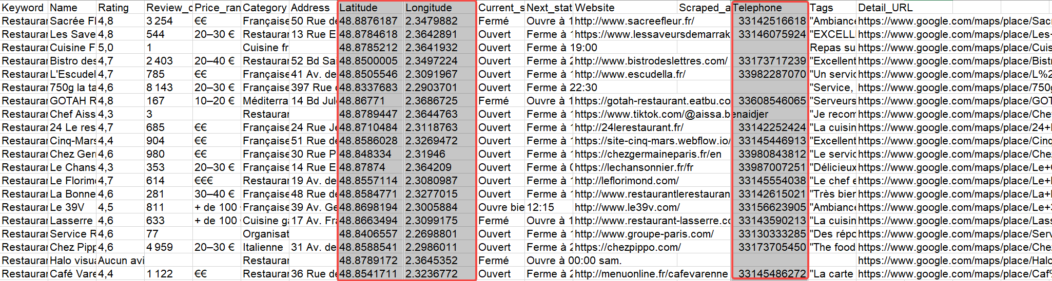 Données extraites depuis Google Maps avec le modèle listing : nom, adresse, téléphone, note, site web