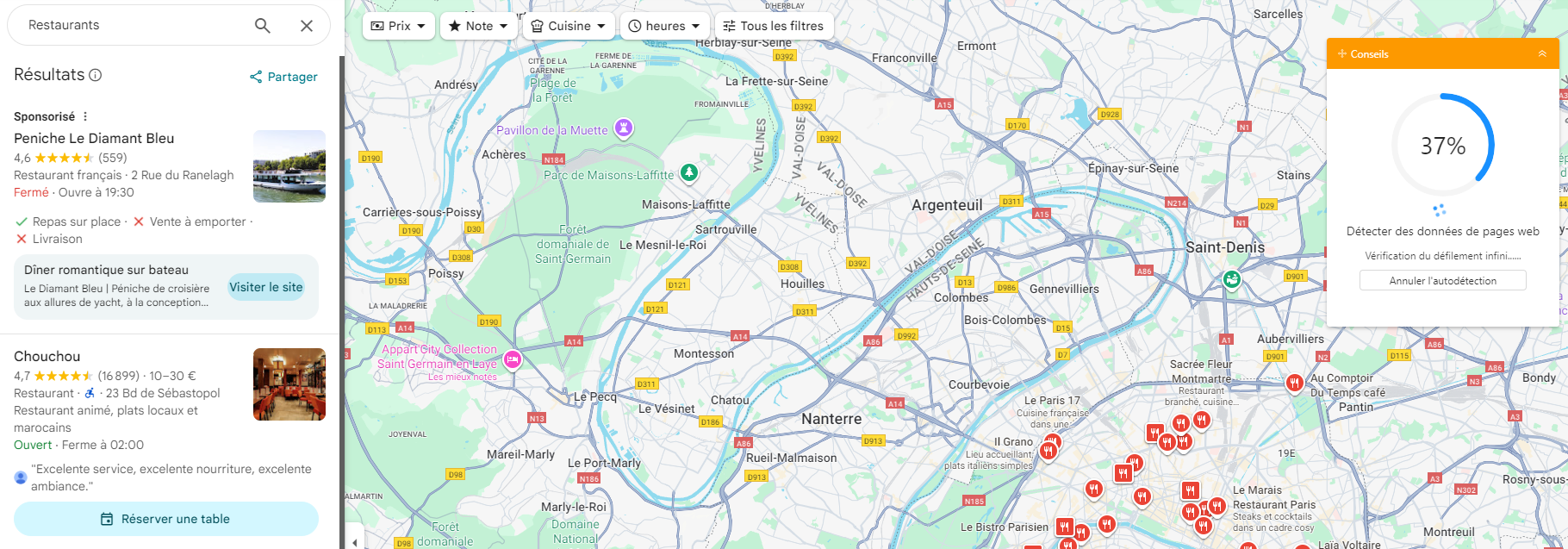 Octoparse : coller l'URL de recherche Google Maps pour lancer l'auto-détection des données