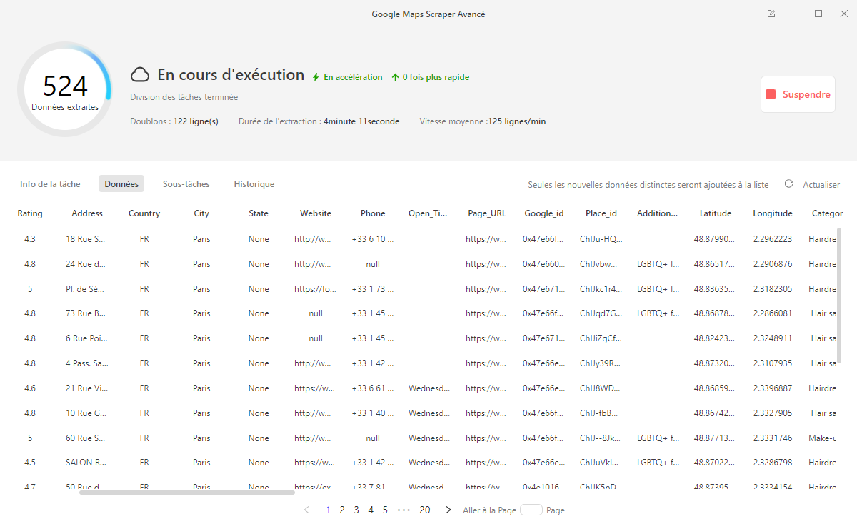 Interface Octoparse en cours d'extraction de données Google Maps pour analyse de zone de chalandise : résultats en temps réel avec adresses, notes et coordonnées GPS
