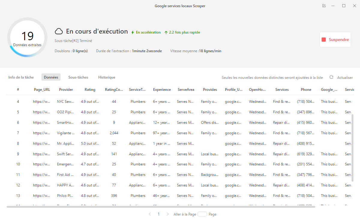 Interface Octoparse en cours d'extraction de données Google Maps pour constituer un fichier de prospection B2B locale