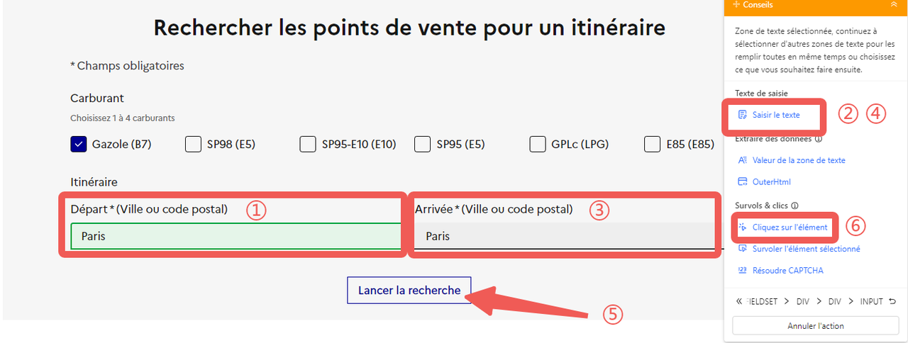 Interface Octoparse sur prix-carburants.gouv.fr, champs Départ et Arrivée renseignés avec "Paris", actions Saisir le texte et Cliquez sur l'élément dans le panneau Conseils, bouton Lancer la recherche identifié par une flèche