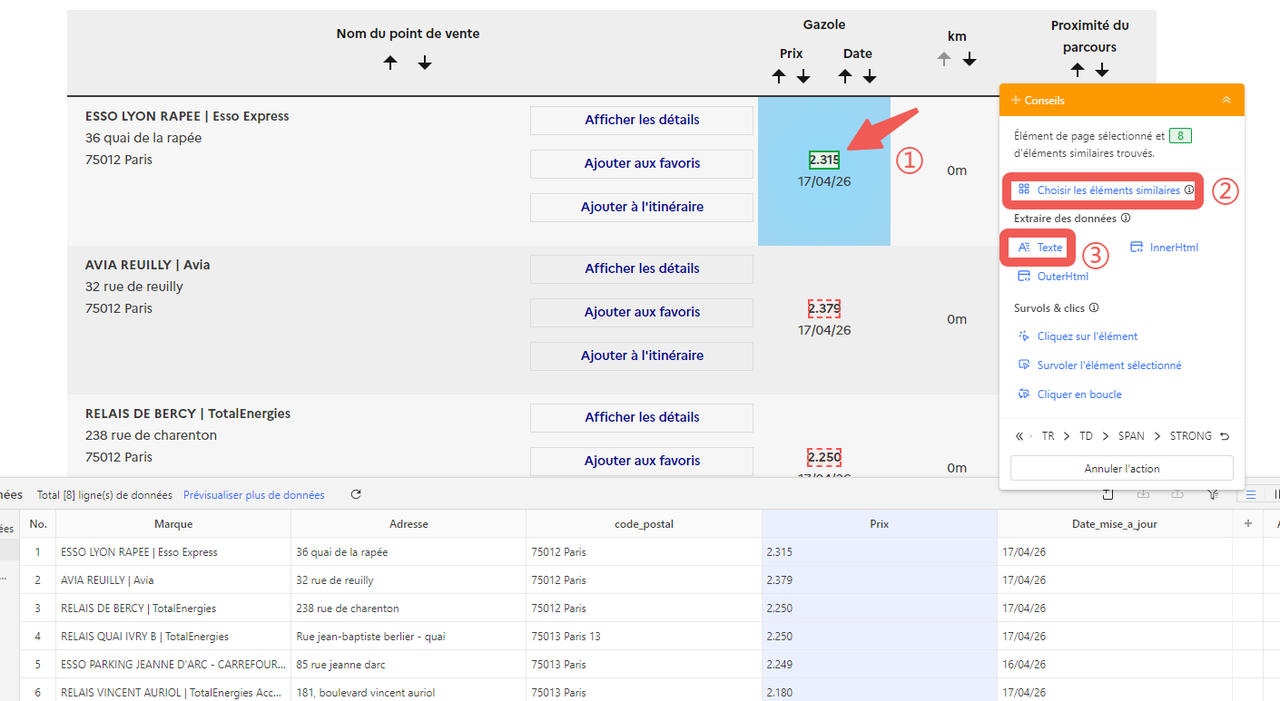 Configuration des champs d'extraction Octoparse pour les prix des carburants : colonnes Marque, Adresse, Prix Gazole, Prix E10, SP98 et Date de mise à jour visibles dans l'aperçu de données