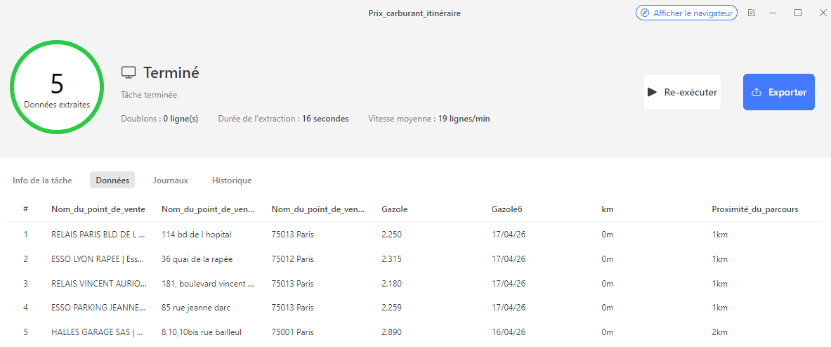 Résultats de l'extraction Octoparse : stations parisiennes avec prix du gazole, adresse et horodatage, prêts à être exportés en Excel ou CSV