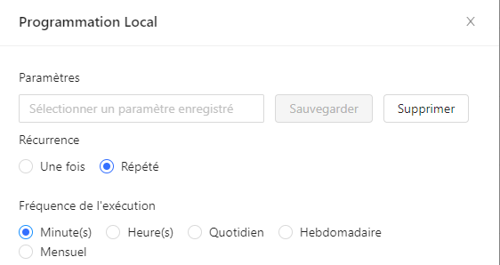 Interface de programmation des tâches Octoparse avec les 5 options de fréquence : minutes, heures, jours, semaines, mois pour automatiser la collecte des prix des carburants