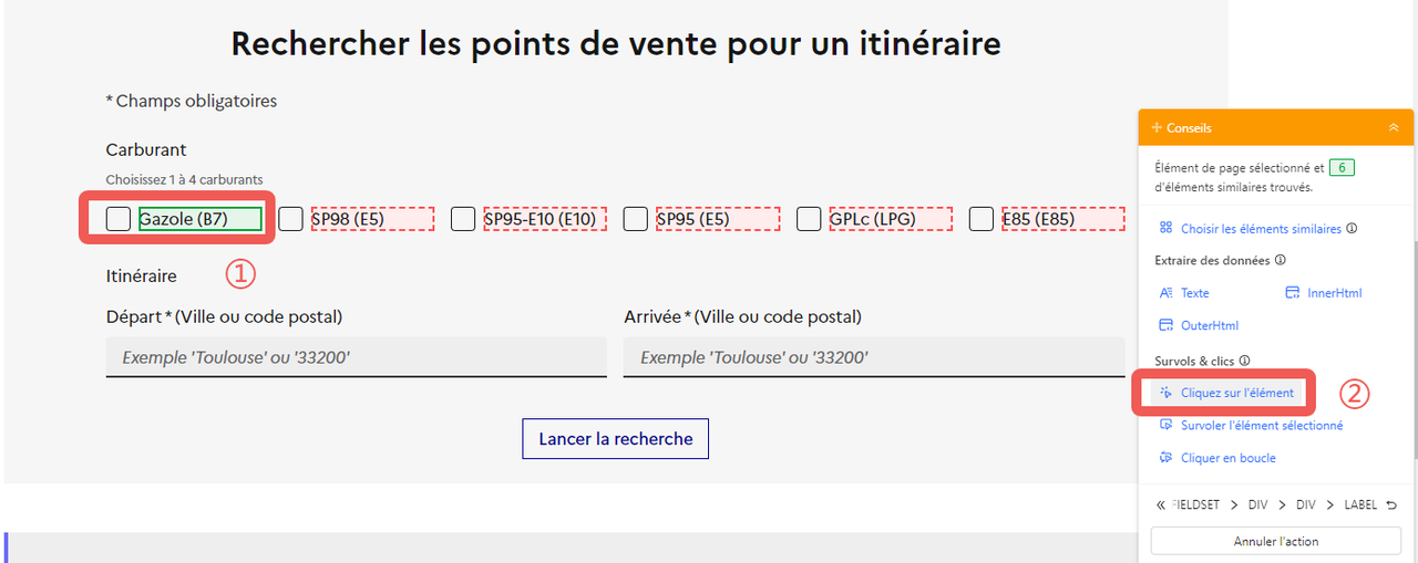 Interface Octoparse sur prix-carburants.gouv.fr, détection automatique des 6 types de carburant disponibles, option Gazole B7 sélectionnée en vert, action Cliquez sur l'élément dans le panneau Conseils