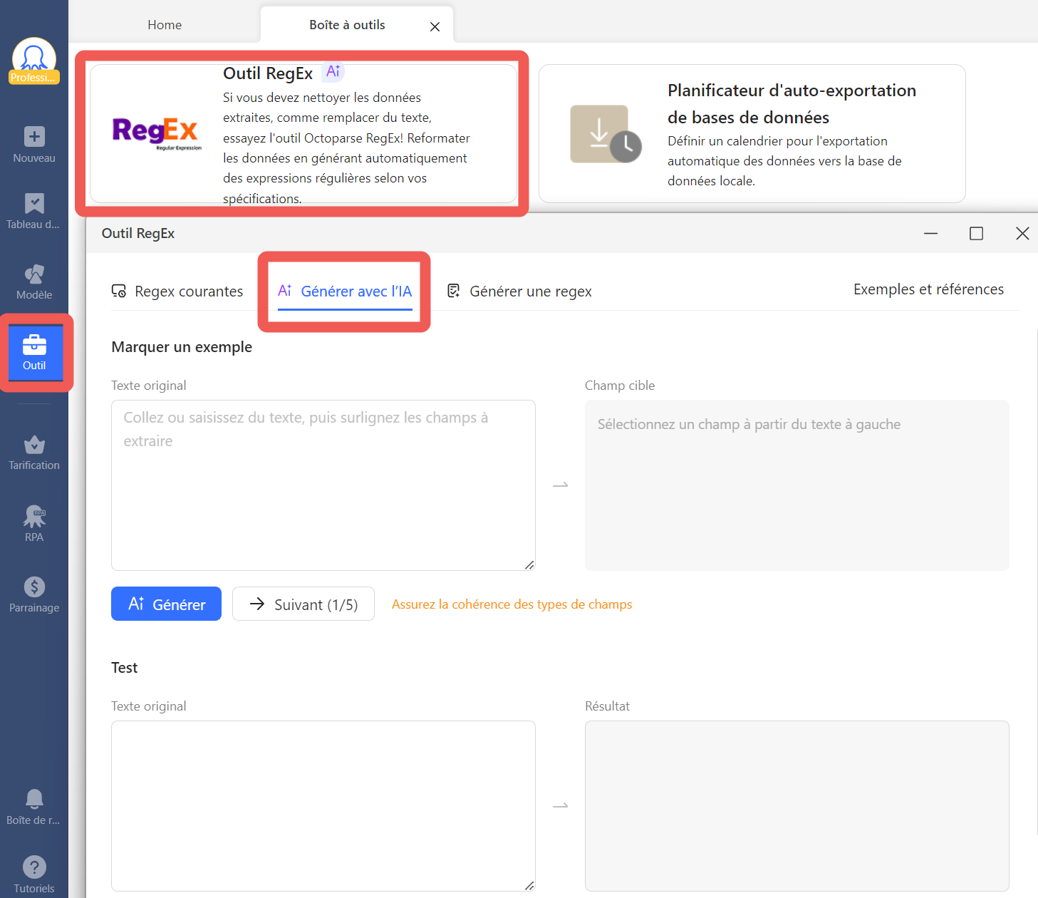 Génération automatique de regex par IA dans Octoparse pour le data cleaning