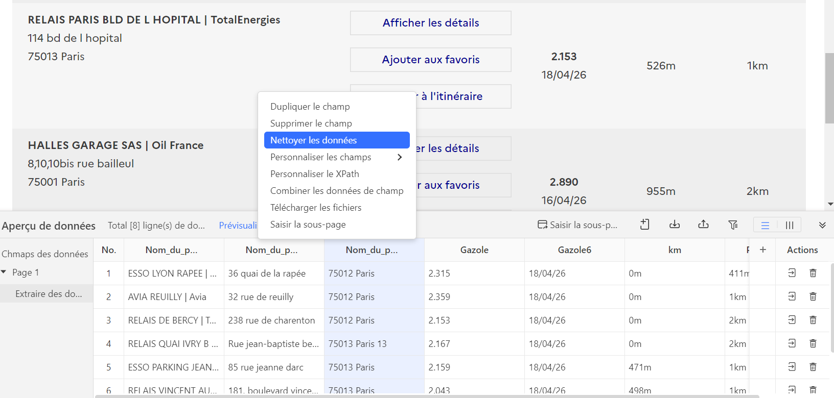 Interface de nettoyage de données no-code Octoparse - configuration des règles
