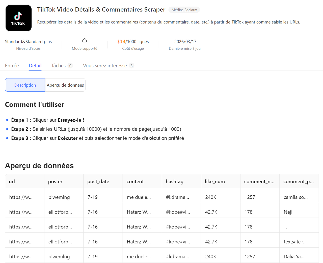 Interface de configuration du template TikTok scraper dans Octoparse