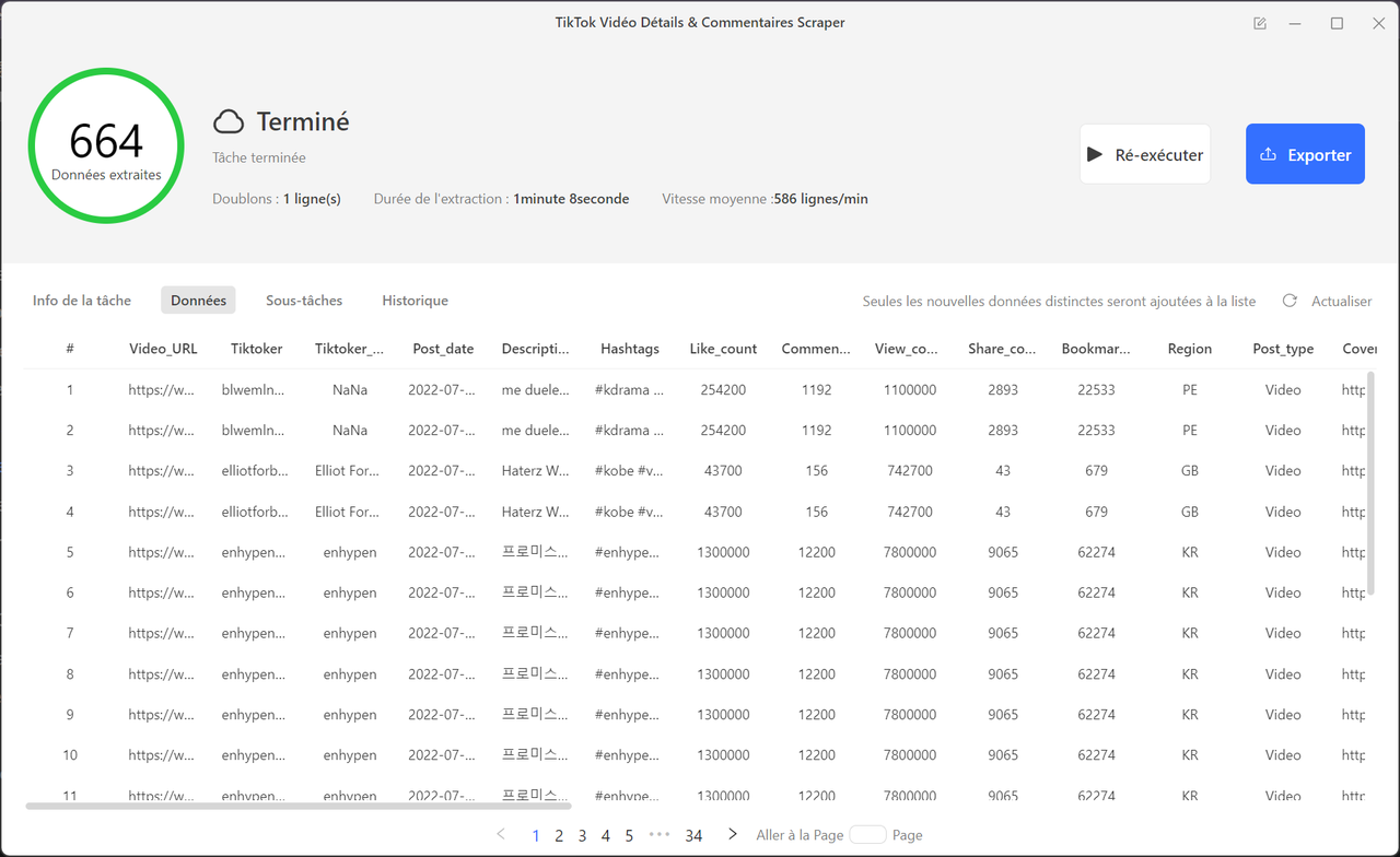 Exemple de données TikTok exportées avec Octoparse — vidéos, commentaires, métriques