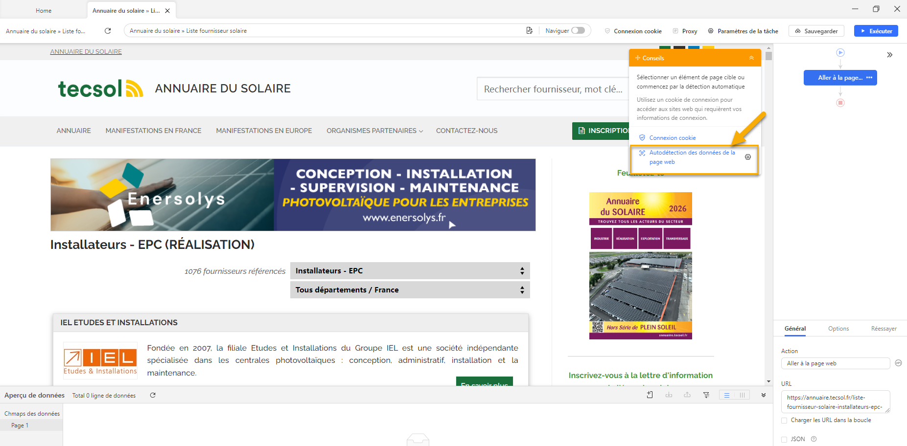 Cliquer sur l'auto-détection dans le panneau de conseil d'Octoparse