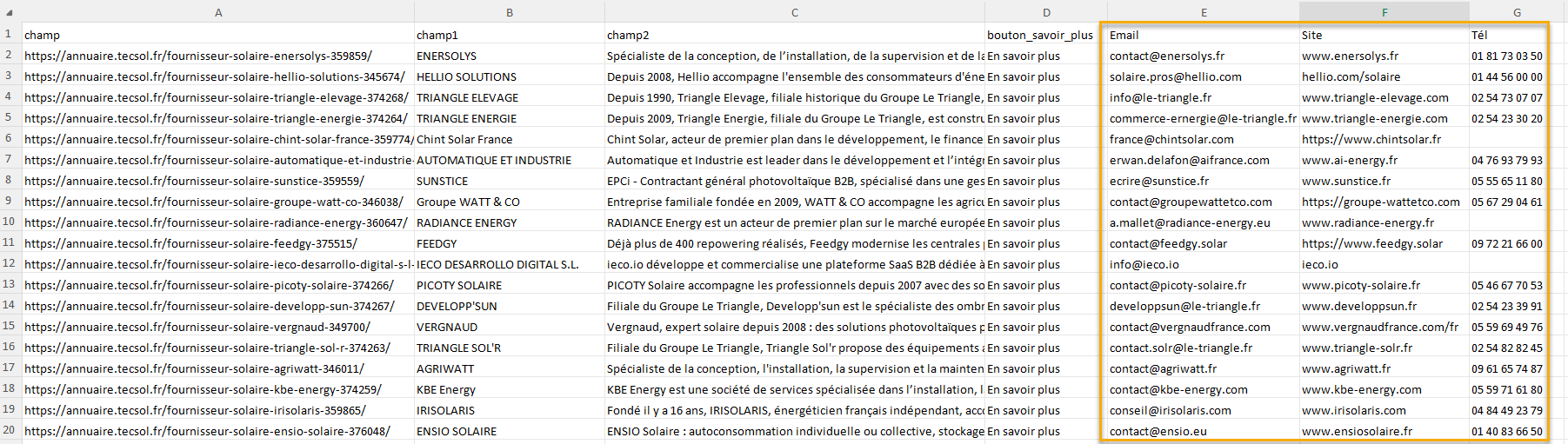Aperçu des données extraites avec Octoparse : noms d'entreprises, téléphones, emails et sites internet