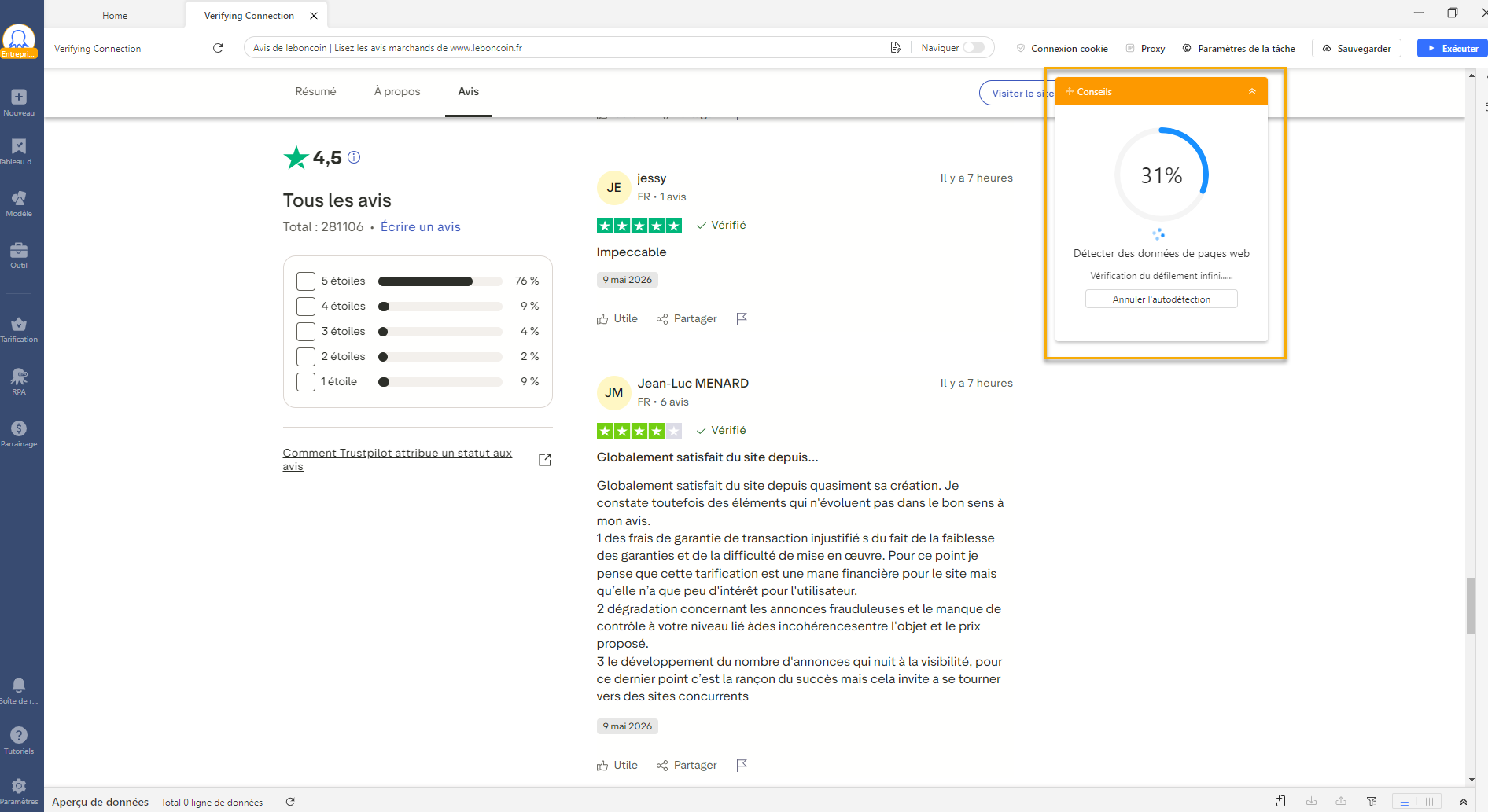 Cliquer sur l'auto-détection dans le panneau de conseil d'Octoparse