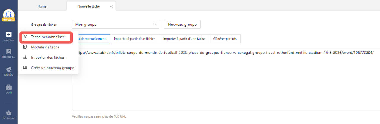 Interface Octoparse nouvelle tâche personnalisée — scraping prix billets Coupe du Monde 2026, alertes prix billets FIFA 2026