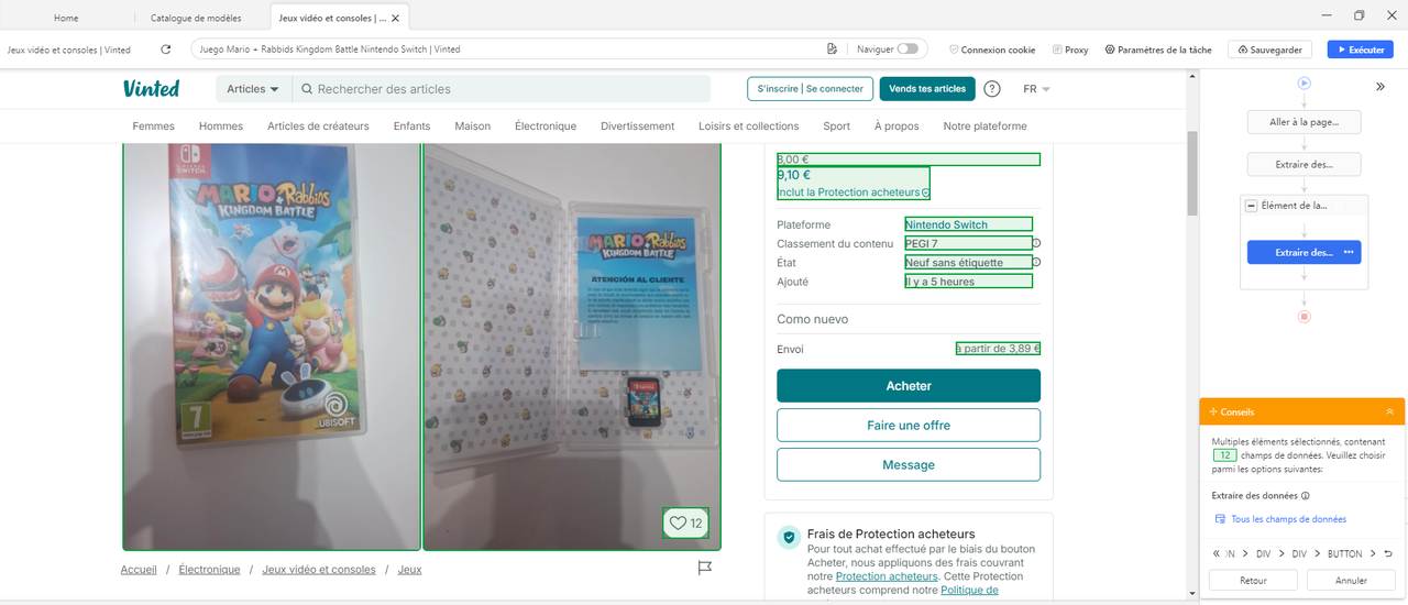 Exemple de données extraites depuis une page produit Vinted avec Octoparse : prix, état, localisation, frais d'envoi
