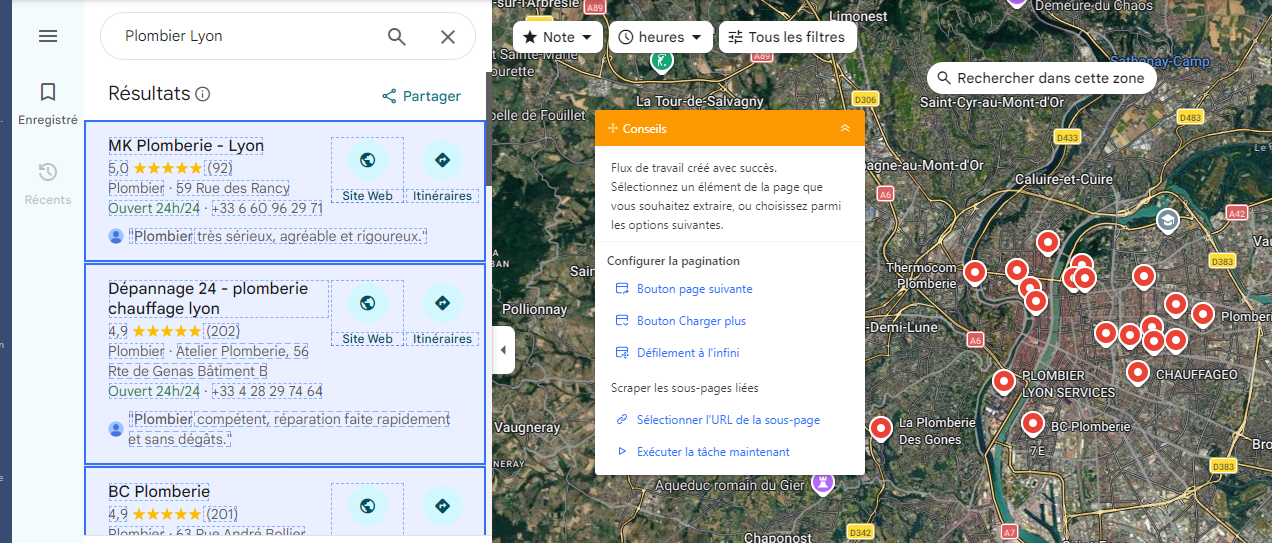 Configuration de la pagination dans Octoparse pour extraire tous les résultats Google Maps
