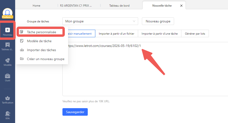 Interface Octoparse - saisie de l'URL LeTROT pour créer une tâche de scraping de données de courses de trot