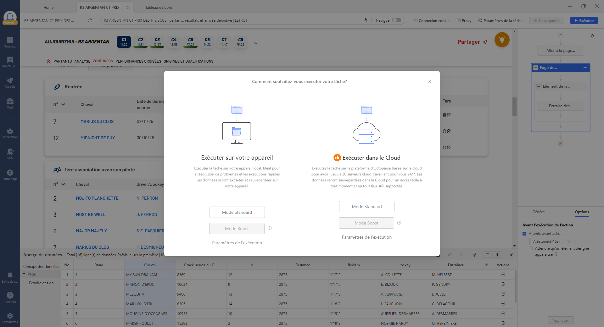 Lancement d'une extraction de données hippiques LeTROT sur Octoparse - choix entre extraction locale gratuite et cloud planifié
