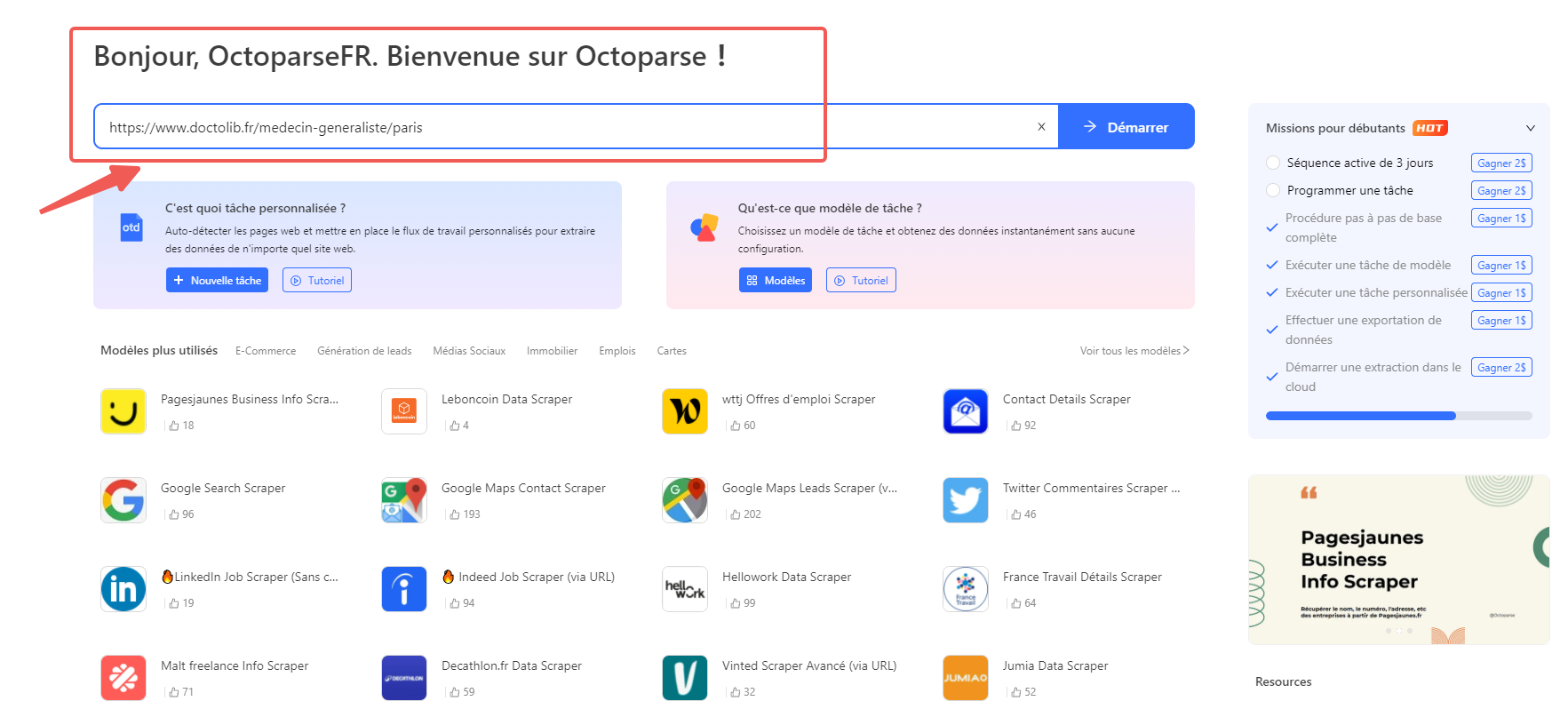 Interface Octoparse avec l'URL Doctolib collée dans la barre de saisie
