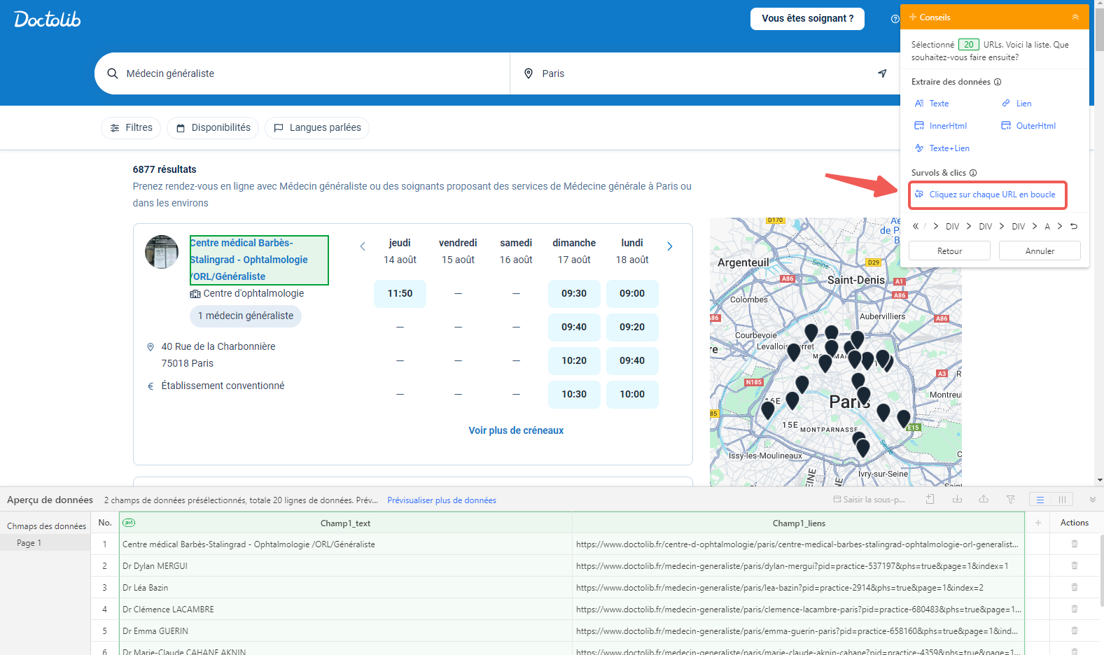 Sélection des éléments praticiens sur Doctolib dans l'interface Octoparse