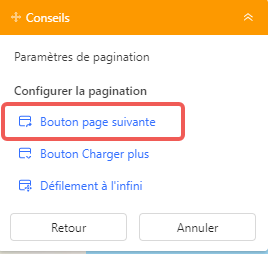 Configuration du bouton page suivante dans Octoparse pour paginer les résultats Doctolib