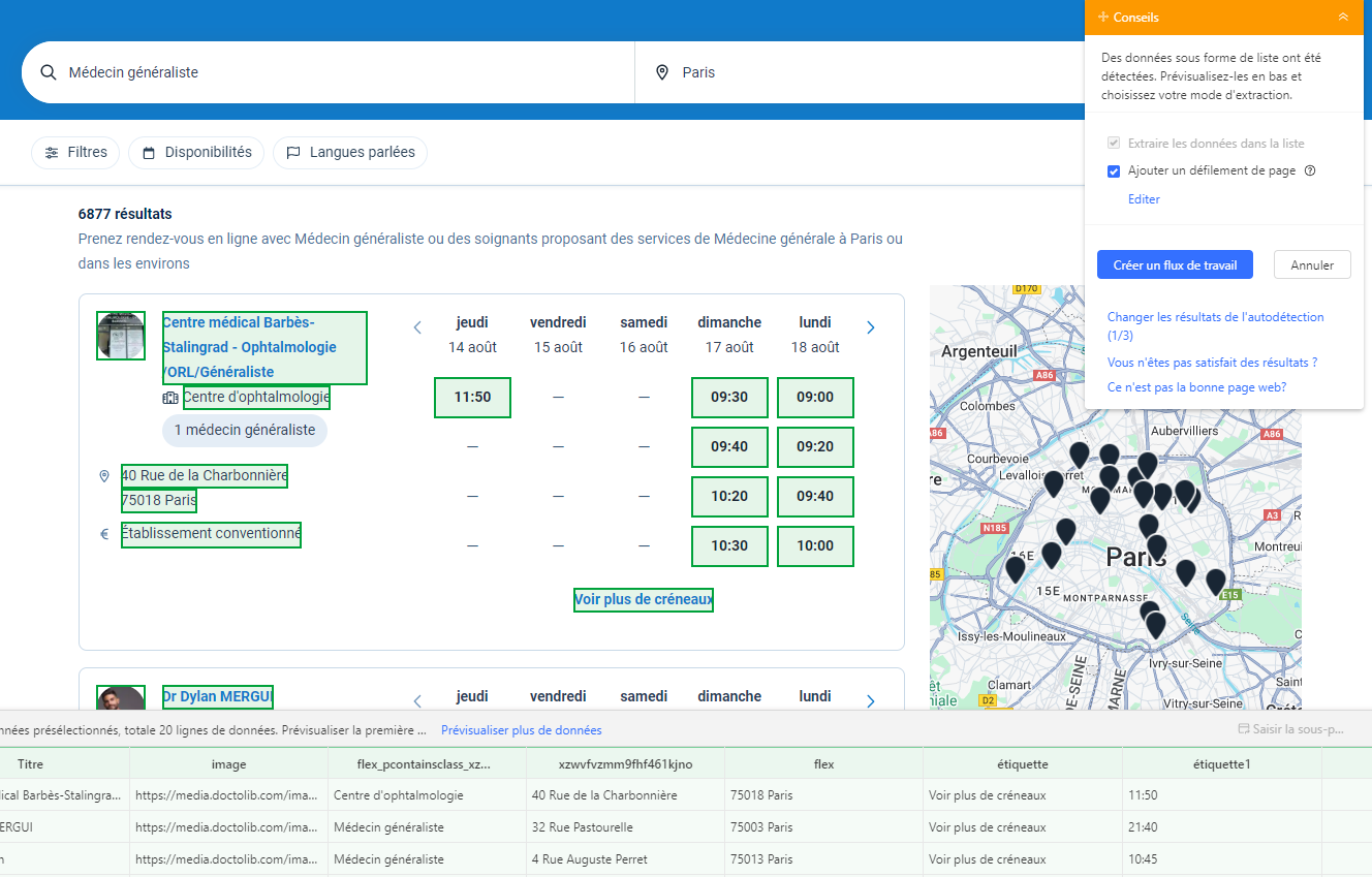 Fonctionnalité d'auto-détection d'Octoparse appliquée à une page Doctolib