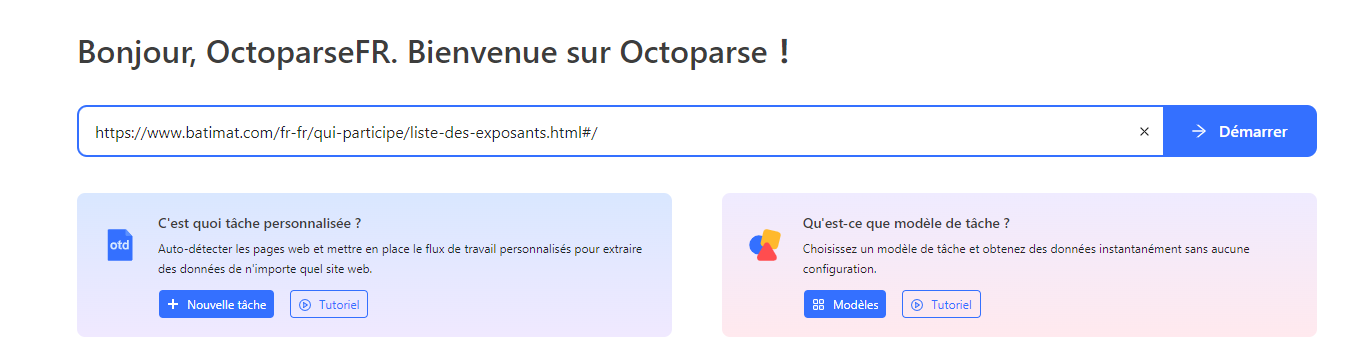 Interface Octoparse avec l'URL de l'annuaire exposants Batimat saisie dans la barre de recherche