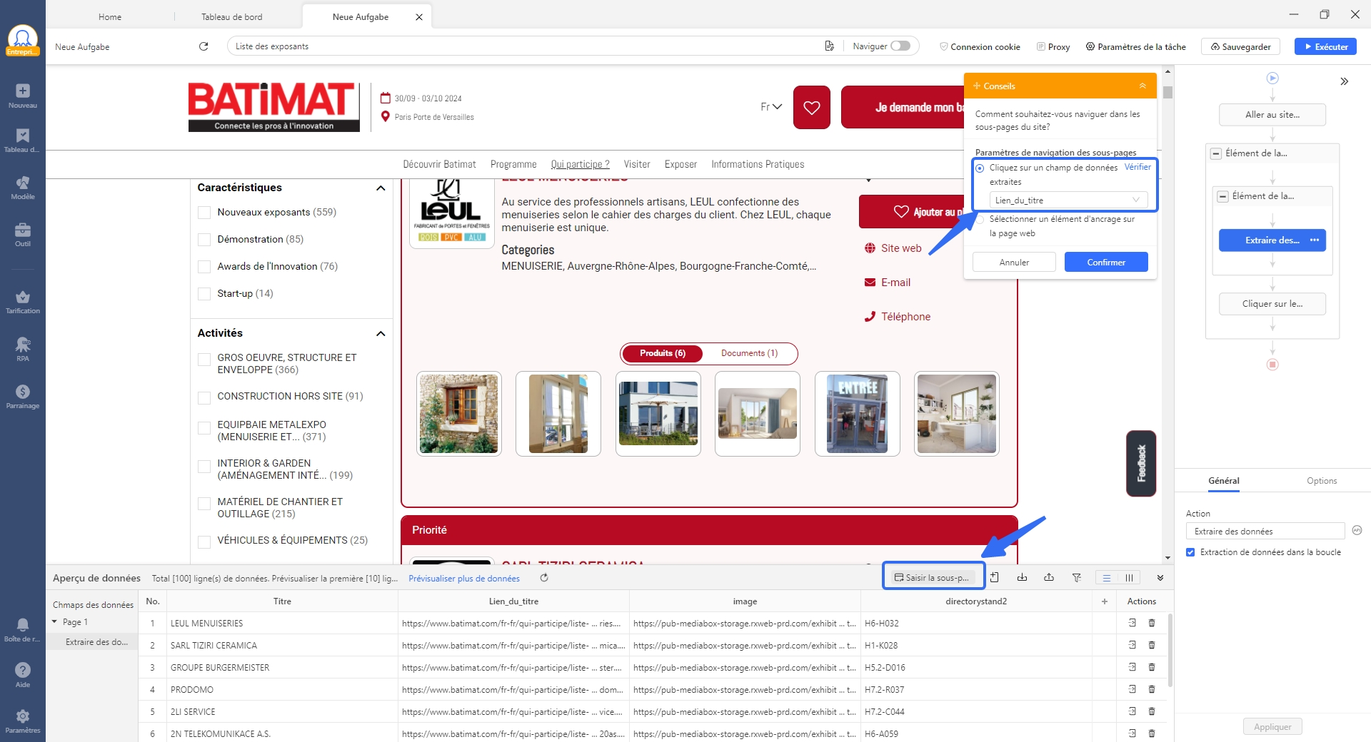 Configuration de la boucle de navigation vers les fiches exposants individuelles dans Octoparse