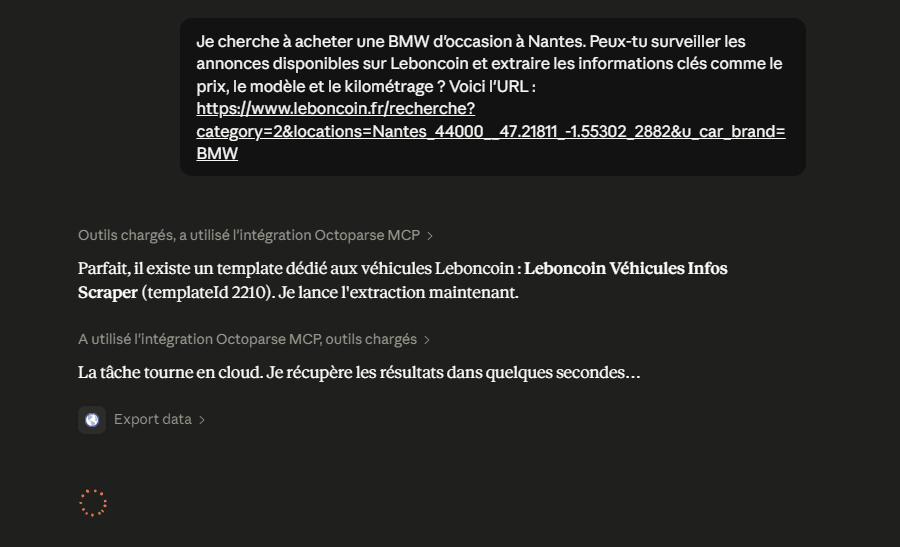 Interface Claude Desktop déclenchant une tâche Octoparse MCP pour extraire les annonces BMW sur Leboncoin, avec les appels MCP visibles en temps réel