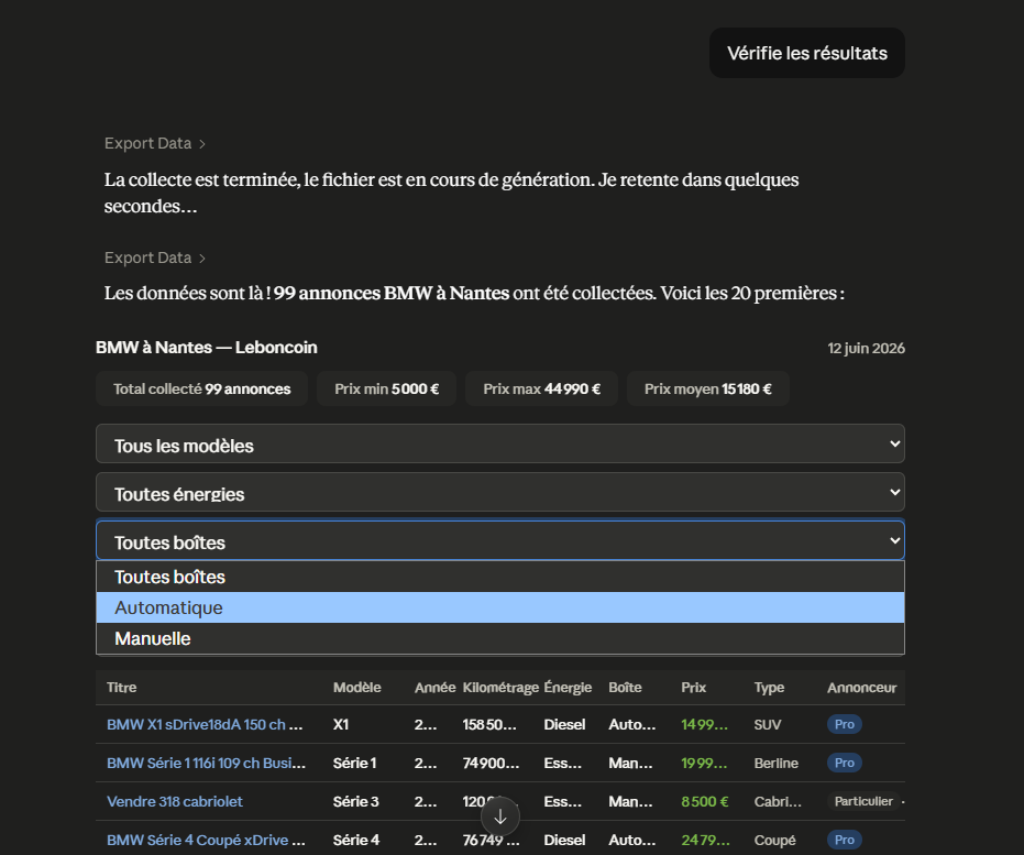 Résultats de l'extraction Octoparse via Claude Desktop : 99 annonces BMW d'occasion à Nantes avec prix, kilométrage et type de boîte