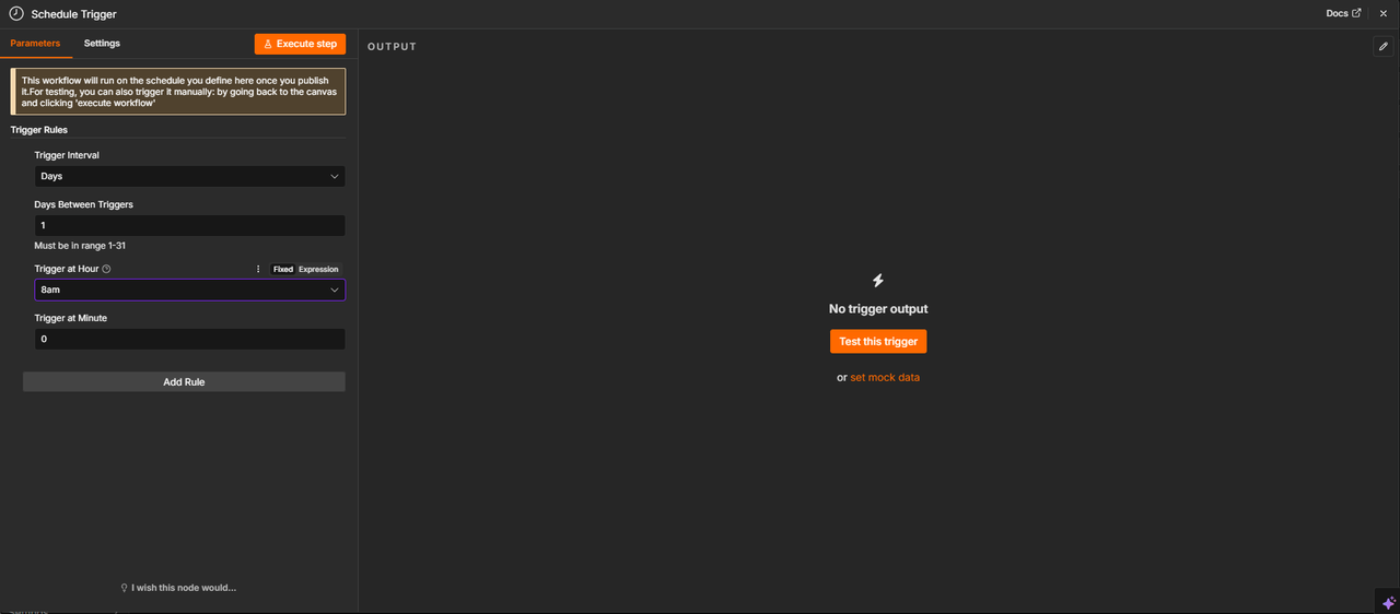 Configuration du nœud Schedule Trigger dans n8n pour déclencher le workflow de surveillance Leboncoin chaque jour à 8h