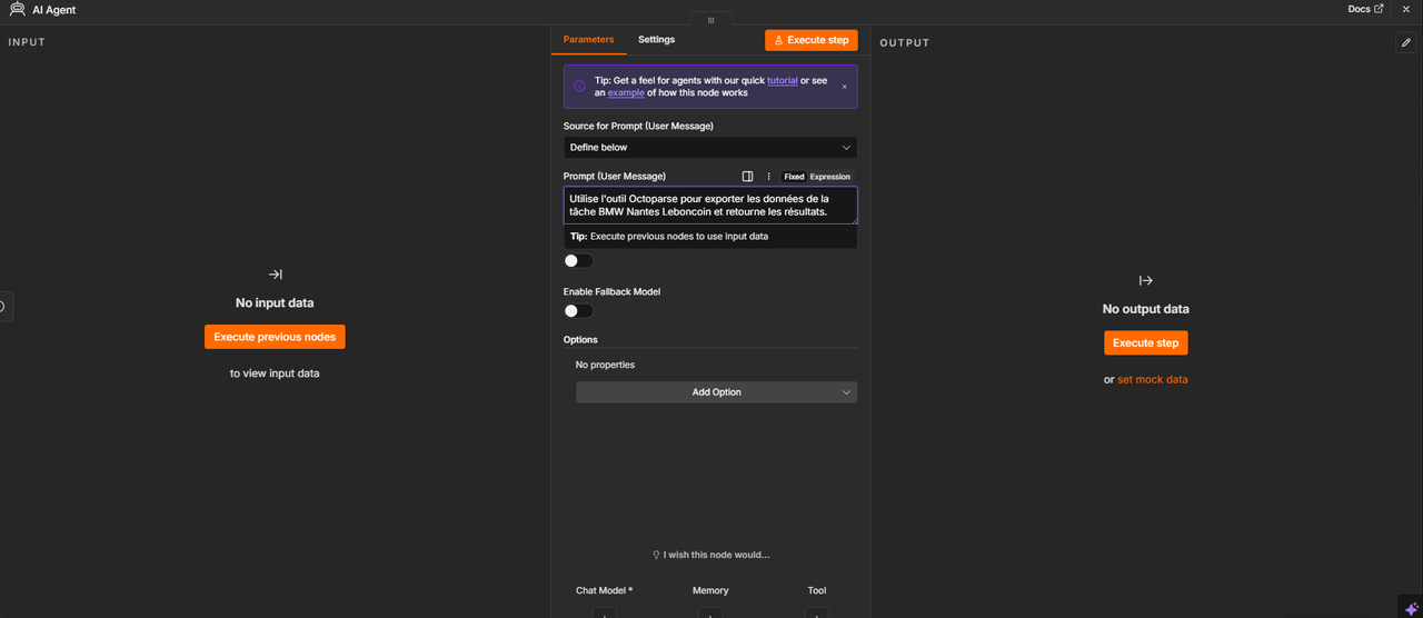 Configuration du nœud AI Agent dans n8n avec Anthropic Claude Sonnet 4.6 et Octoparse MCP Client Tool pour automatiser la collecte de données Leboncoin