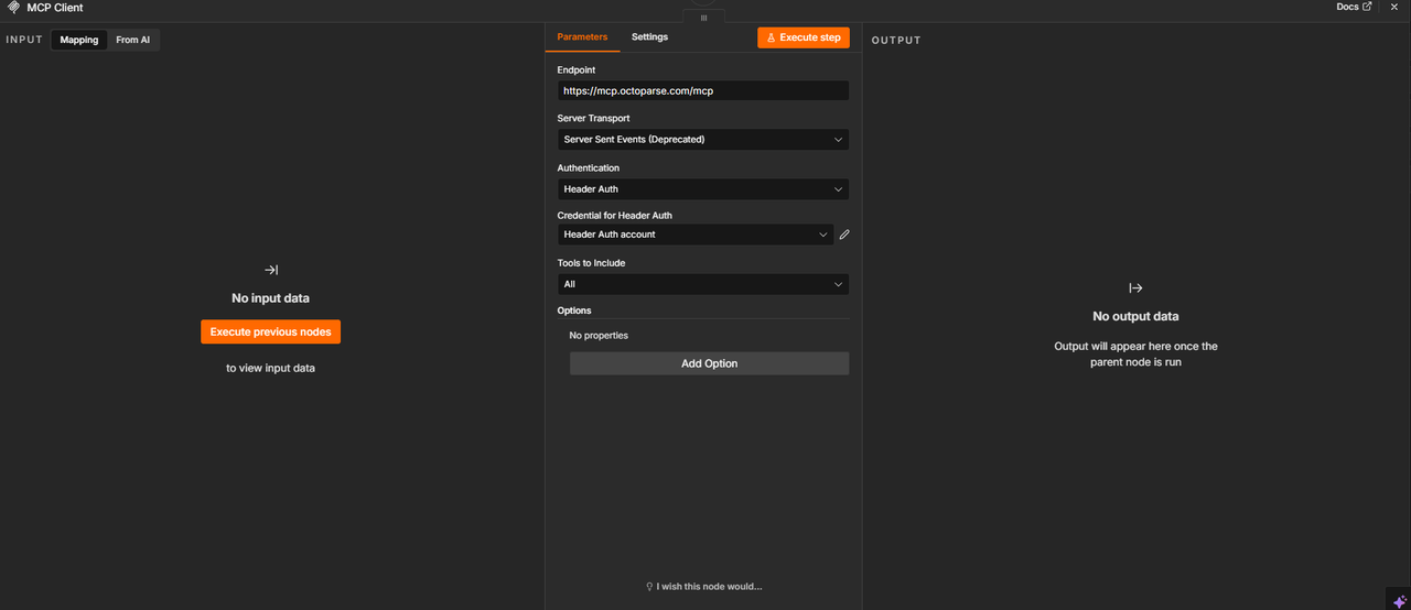 Configuration du nœud MCP Client Tool dans n8n pour connecter l'agent IA au serveur Octoparse MCP via une authentification par en-tête