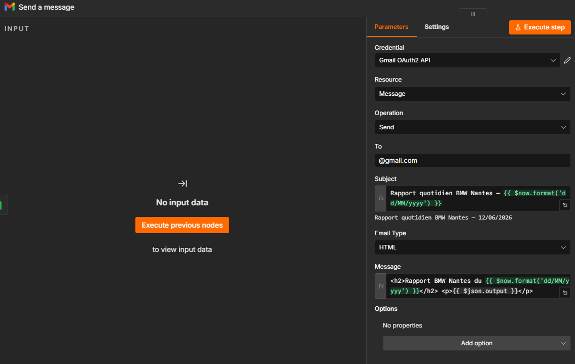 Configuration du nœud Gmail dans n8n pour envoyer un rapport quotidien automatique avec les données Leboncoin extraites par Octoparse
