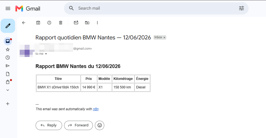 Email Gmail reçu automatiquement par n8n avec le rapport quotidien des annonces BMW sur Leboncoin, contenant un tableau avec prix et kilométrage