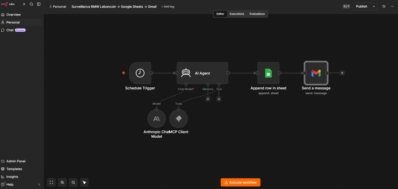 Workflow n8n complet pour la surveillance automatique des annonces voiture d'occasion sur Leboncoin avec Octoparse MCP, Google Sheets et Gmail
