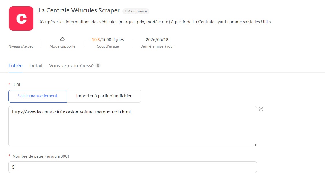 Interface du modèle La Centrale Véhicules Scraper dans Octoparse : champ de saisie d'URL avec l'exemple lacentrale.fr/occasion-voiture-marque-tesla.html et paramètre du nombre de pages à extraire