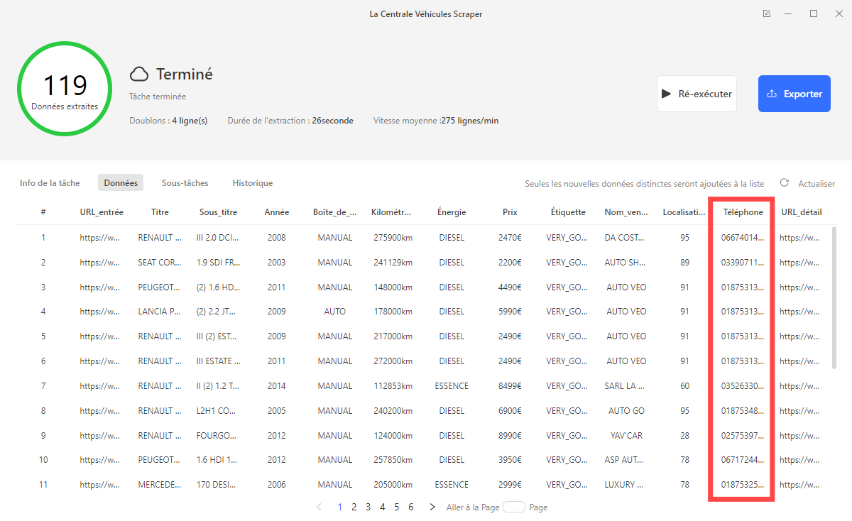 Résultats d'extraction La Centrale dans Octoparse : tableau de données avec colonnes Nom_vendeur, Localisation, Téléphone, Prix
