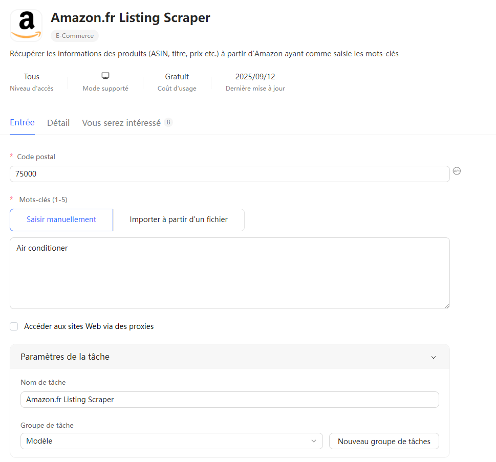 Recherche Amazon.fr Midea PortaSplit avec extraction du prix de l’ASIN du vendeur et de l’URL produit
