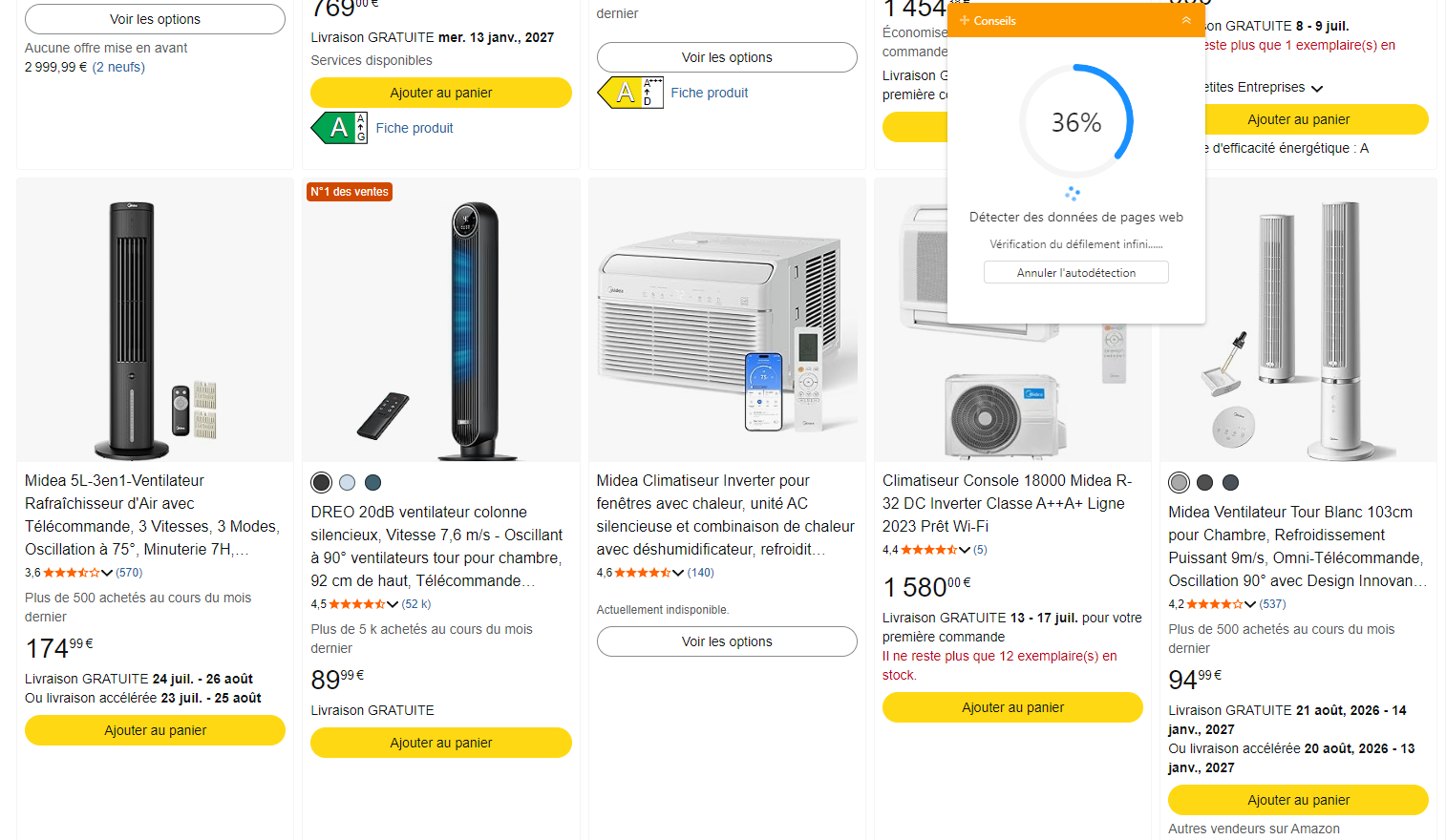 Auto-détection Octoparse pour suivre le stock du Midea PortaSplit sur une page revendeur française