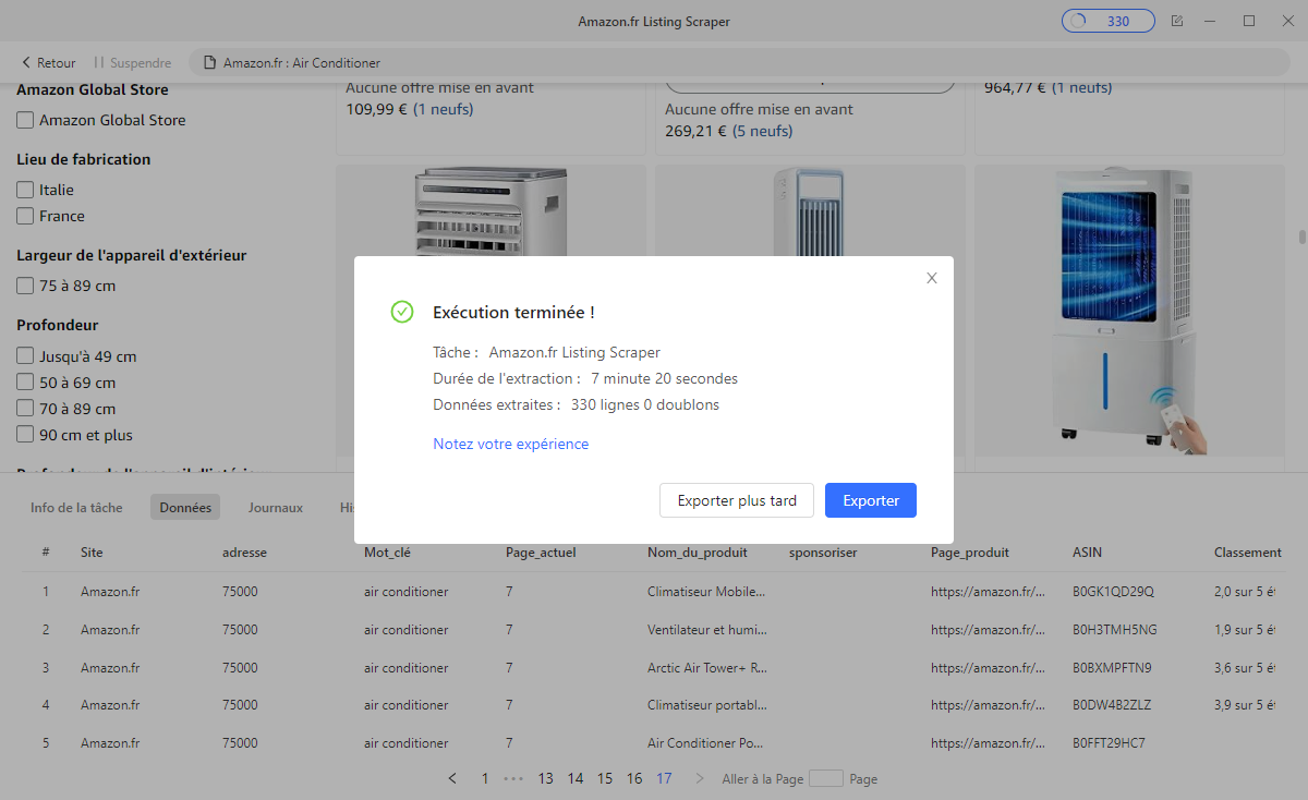 Export des données de stock prix et disponibilité du Midea PortaSplit vers Excel CSV ou Google Sheets