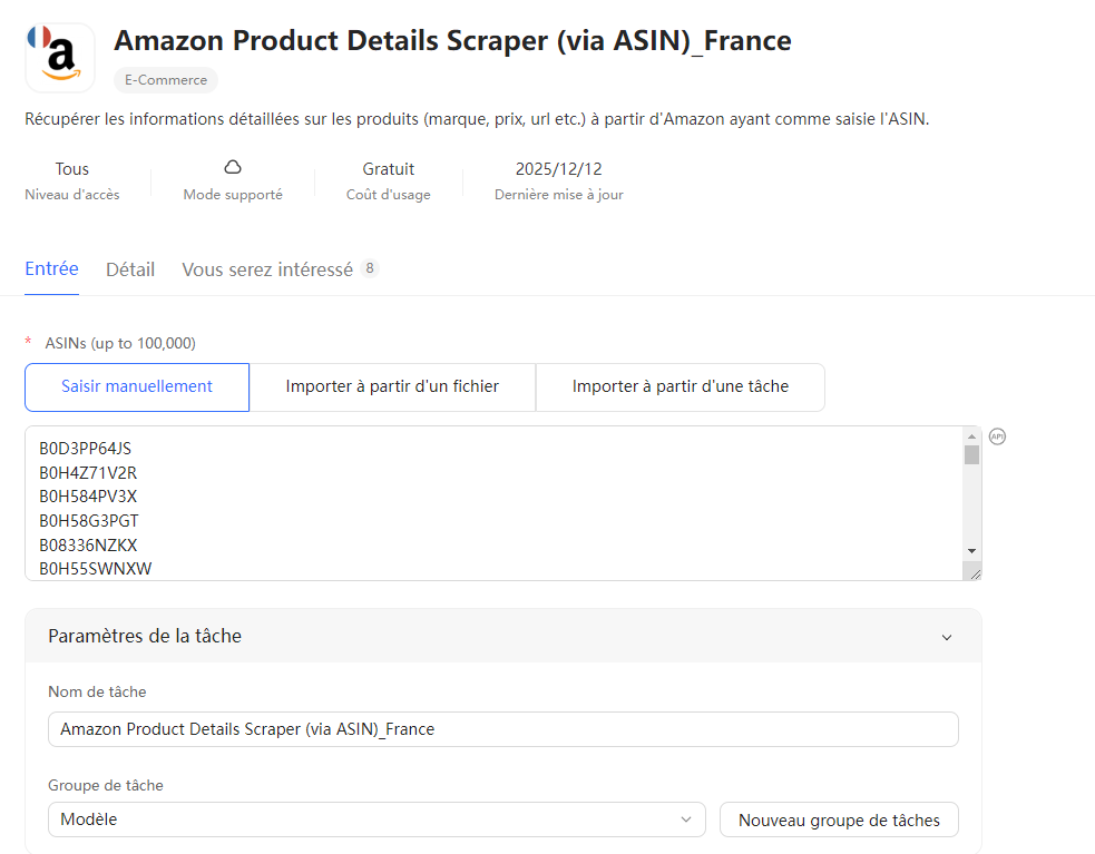 Saisie d’une liste d’ASIN dans le modèle Amazon Product Details Scraper via ASIN