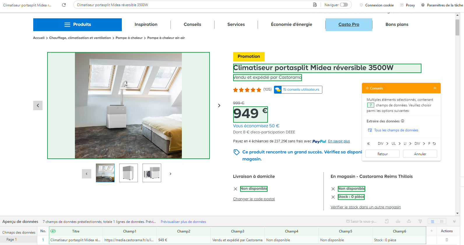 Extraction Octoparse du prix, du vendeur et des signaux de disponibilité du Midea PortaSplit sur Castorama