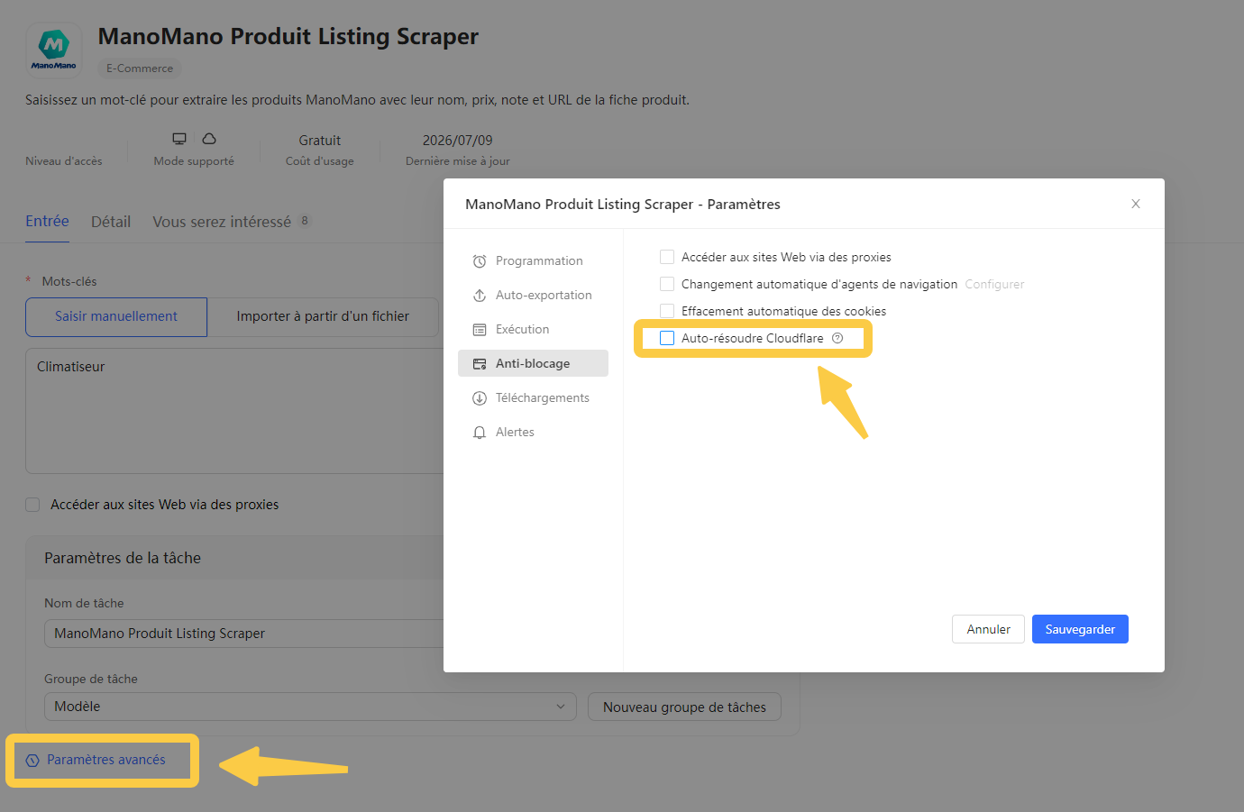 Activation de l’option Auto-résoudre Cloudflare dans les paramètres avancés du modèle ManoMano